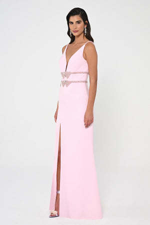 Deep V-Neck Embroidered Waist Long Dress