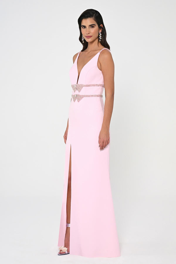 Deep V-Neck Embroidered Waist Long Dress