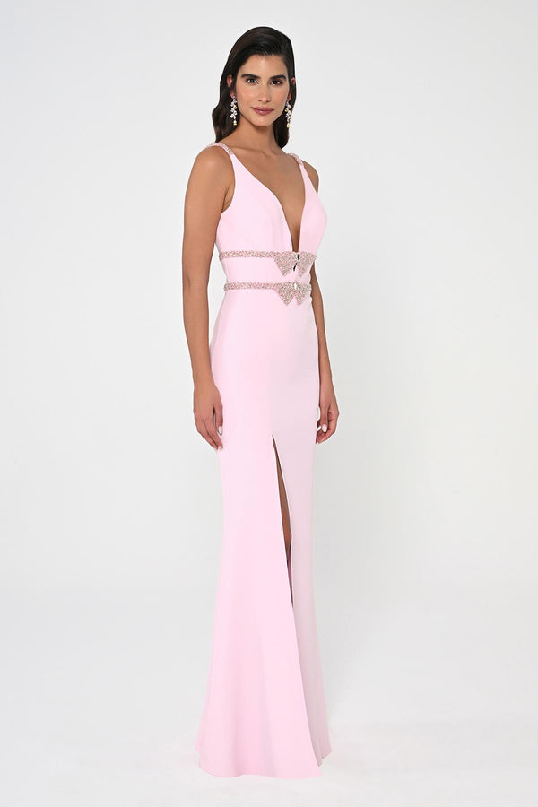 Deep V-Neck Embroidered Waist Long Dress