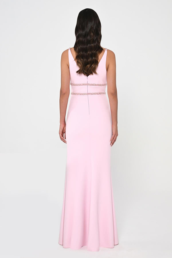 Deep V-Neck Embroidered Waist Long Dress