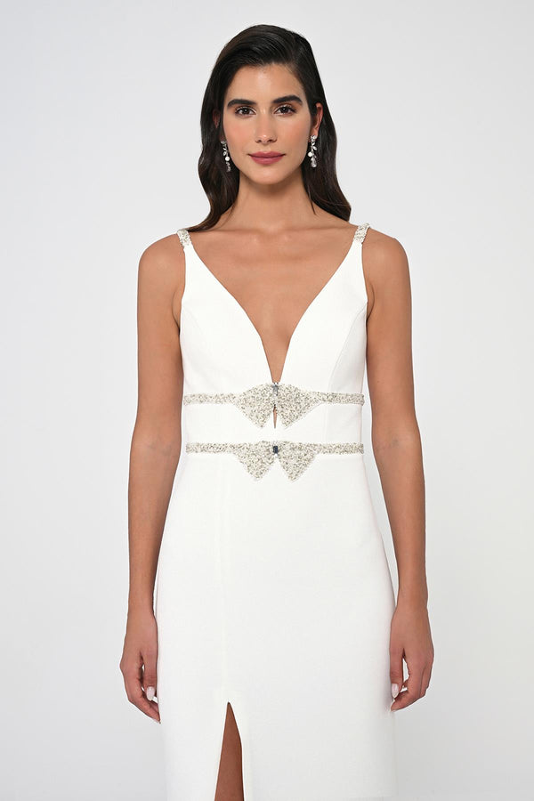 Deep V-Neck Embroidered Waist Long Dress