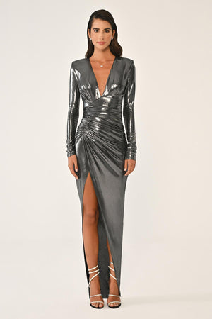 Deep V-Neck High Slit Shiny Fabric Long Dress