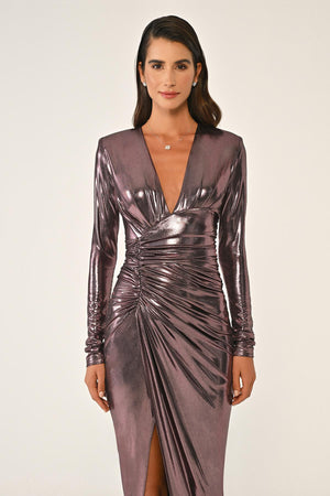 Deep V-Neck High Slit Shiny Fabric Long Dress