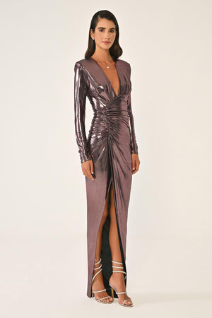 Deep V-Neck High Slit Shiny Fabric Long Dress
