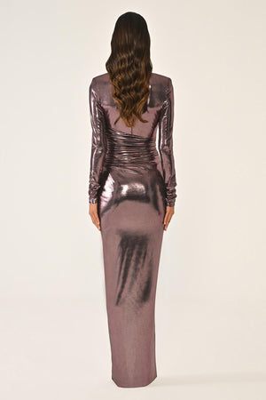 Deep V-Neck High Slit Shiny Fabric Long Dress