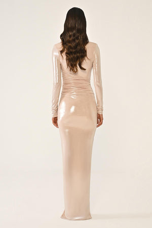 Deep V-Neck High Slit Shiny Fabric Long Dress