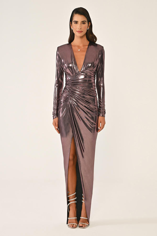 Deep V-Neck High Slit Shiny Fabric Long Dress