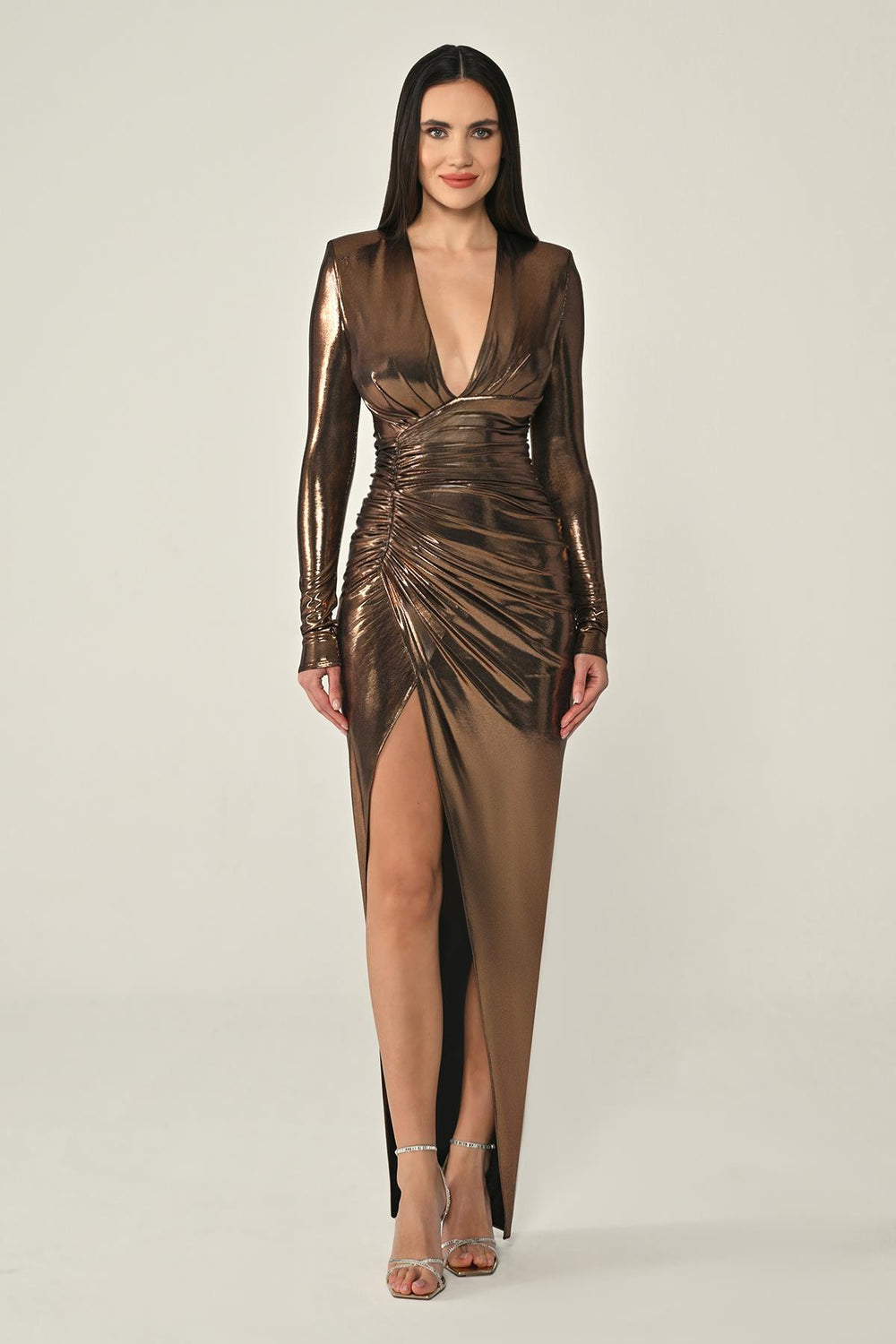 Deep V-Neck High Slit Shiny Fabric Long Dress