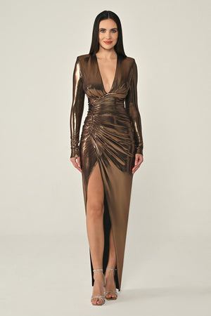 Deep V-Neck High Slit Shiny Fabric Long Dress