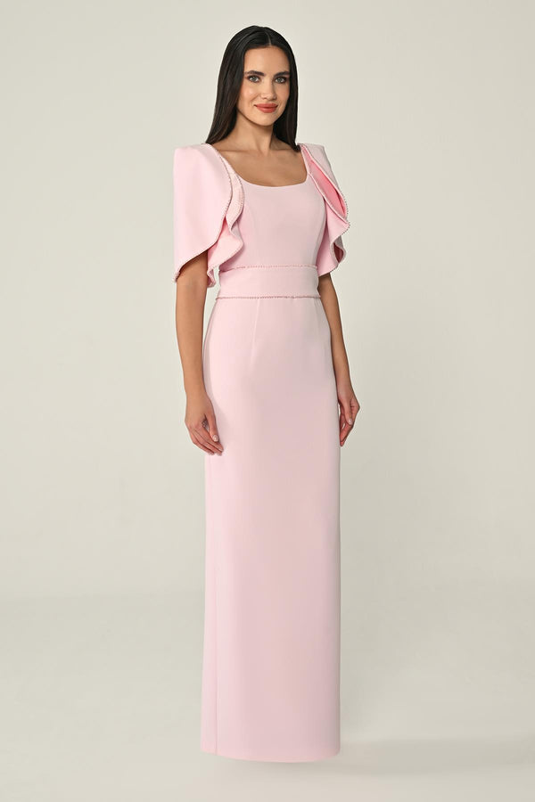 Draped Sleeve Striped Stone Crepe Long Dress
