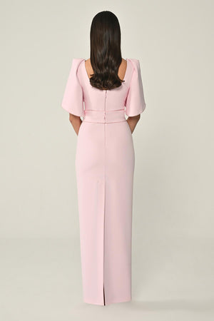 Draped Sleeve Striped Stone Crepe Long Dress