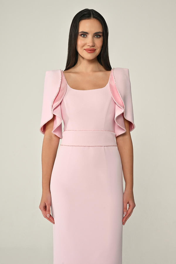 Draped Sleeve Striped Stone Crepe Long Dress