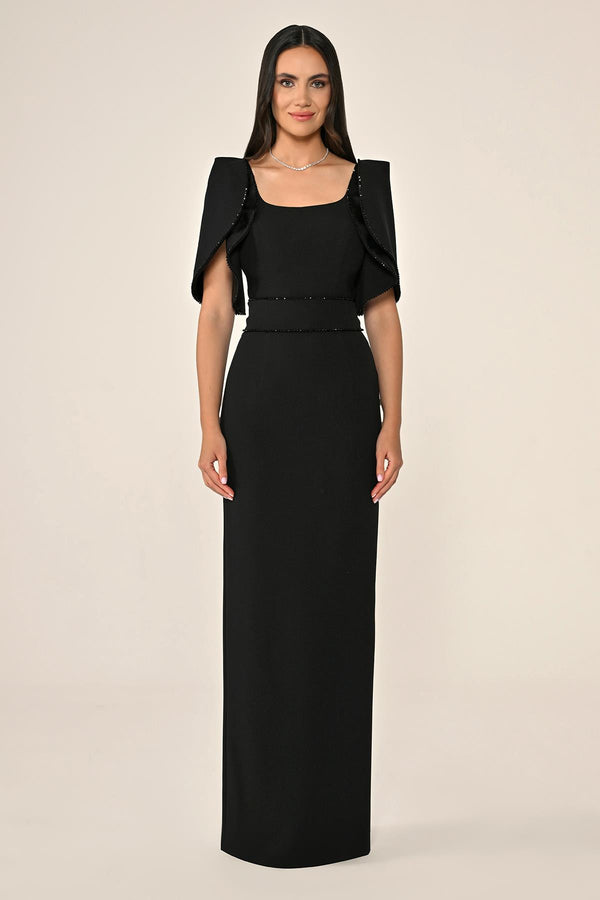 Draped Sleeve Striped Stone Crepe Long Dress