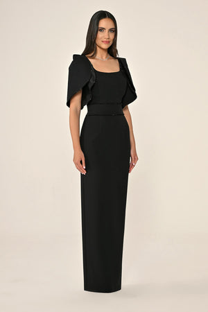 Draped Sleeve Striped Stone Crepe Long Dress