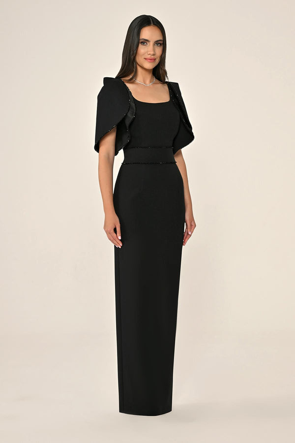 Draped Sleeve Striped Stone Crepe Long Dress