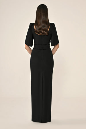 Draped Sleeve Striped Stone Crepe Long Dress