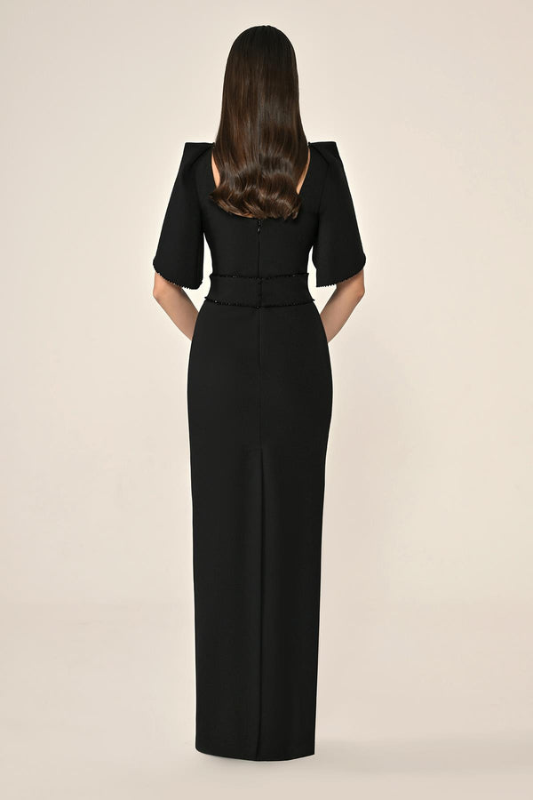 Draped Sleeve Striped Stone Crepe Long Dress