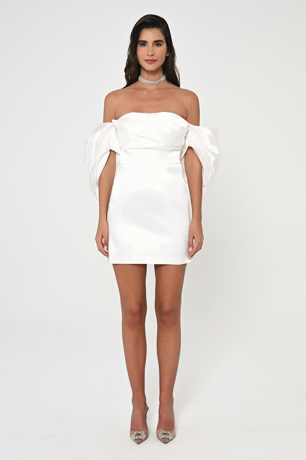 Low Balloon Sleeve Strapless Short Satin Dress