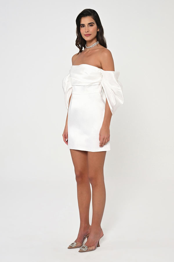Low Balloon Sleeve Strapless Short Satin Dress