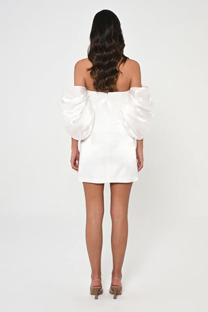 Low Balloon Sleeve Strapless Short Satin Dress