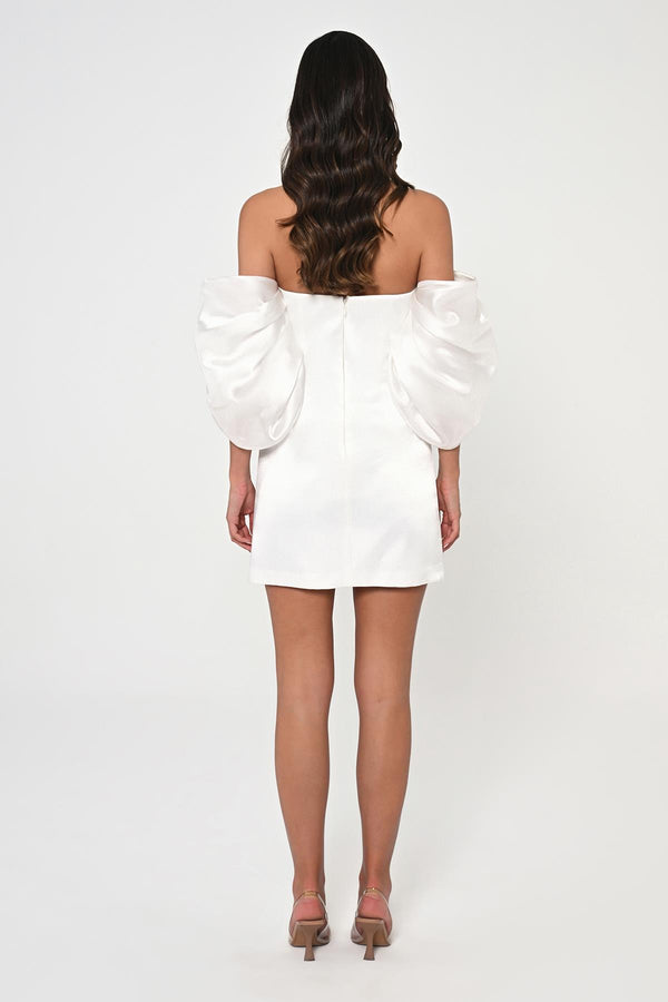Low Balloon Sleeve Strapless Short Satin Dress