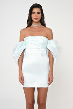 Low Balloon Sleeve Strapless Short Satin Dress