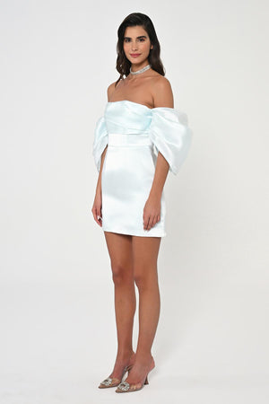 Low Balloon Sleeve Strapless Short Satin Dress