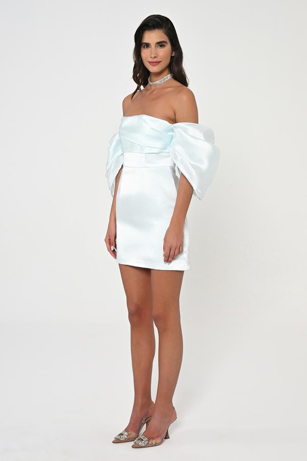 Low Balloon Sleeve Strapless Short Satin Dress