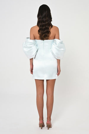 Low Balloon Sleeve Strapless Short Satin Dress