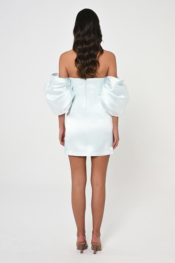 Low Balloon Sleeve Strapless Short Satin Dress