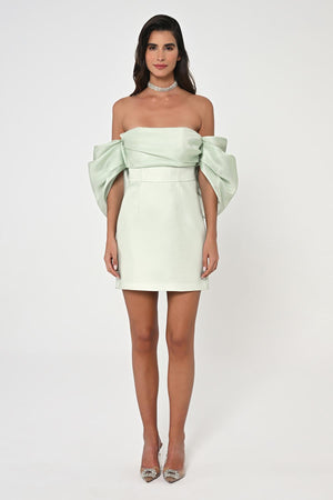 Low Balloon Sleeve Strapless Short Satin Dress