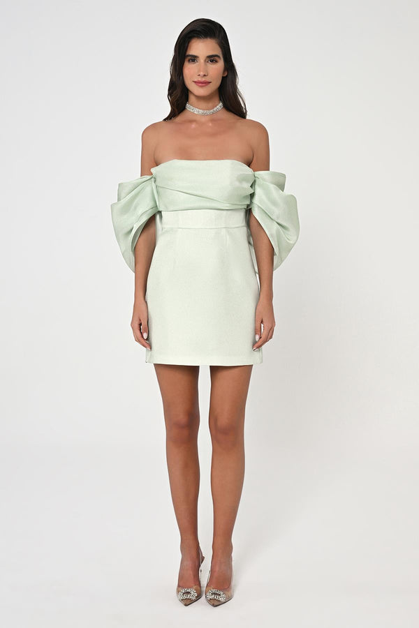 Low Balloon Sleeve Strapless Short Satin Dress