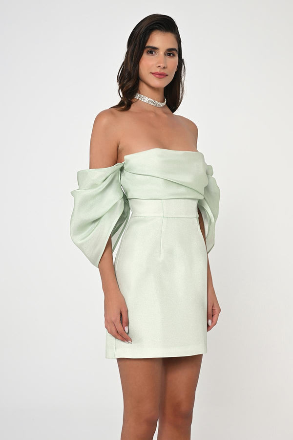 Low Balloon Sleeve Strapless Short Satin Dress