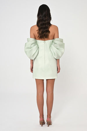 Low Balloon Sleeve Strapless Short Satin Dress