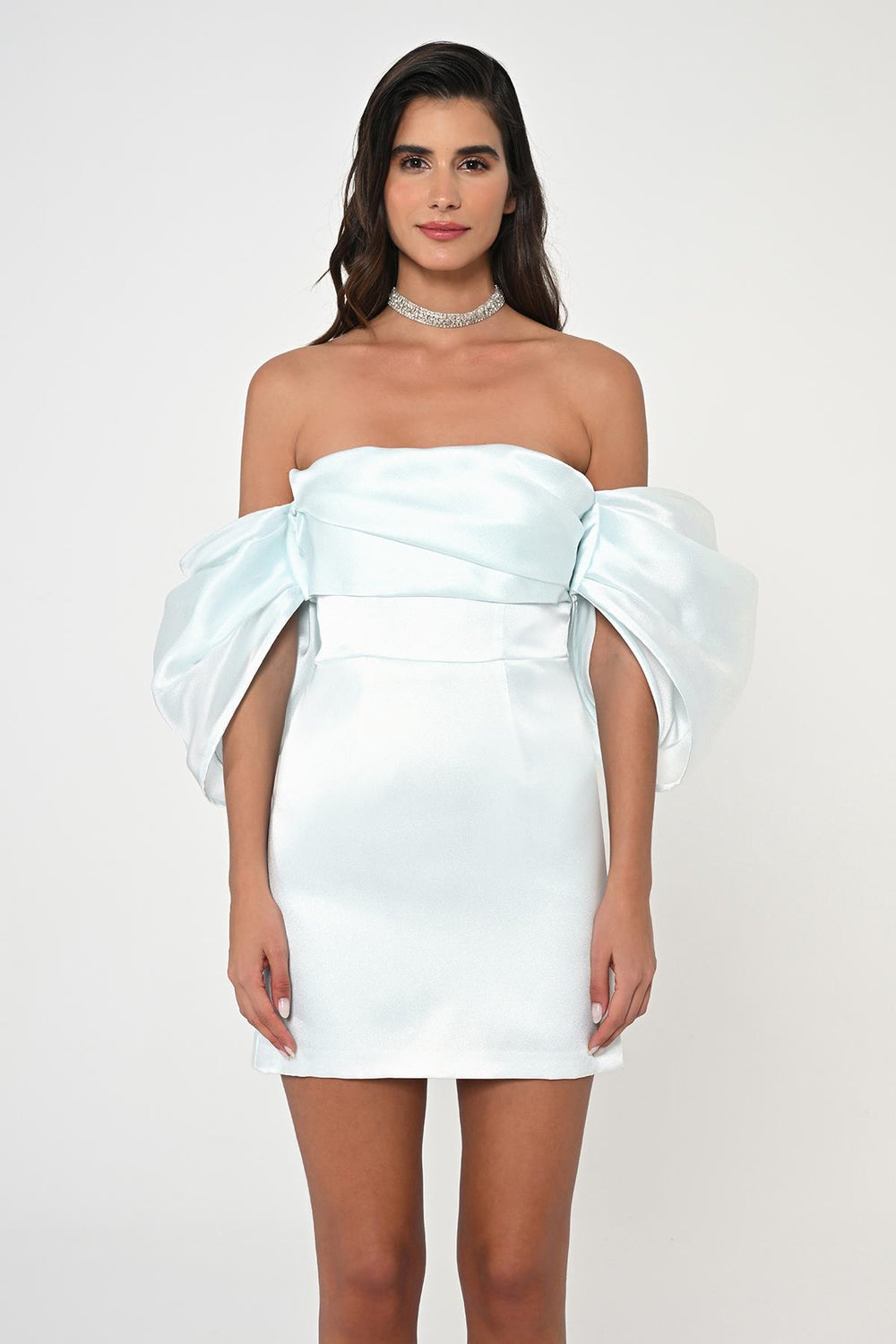 Low Balloon Sleeve Strapless Short Satin Dress