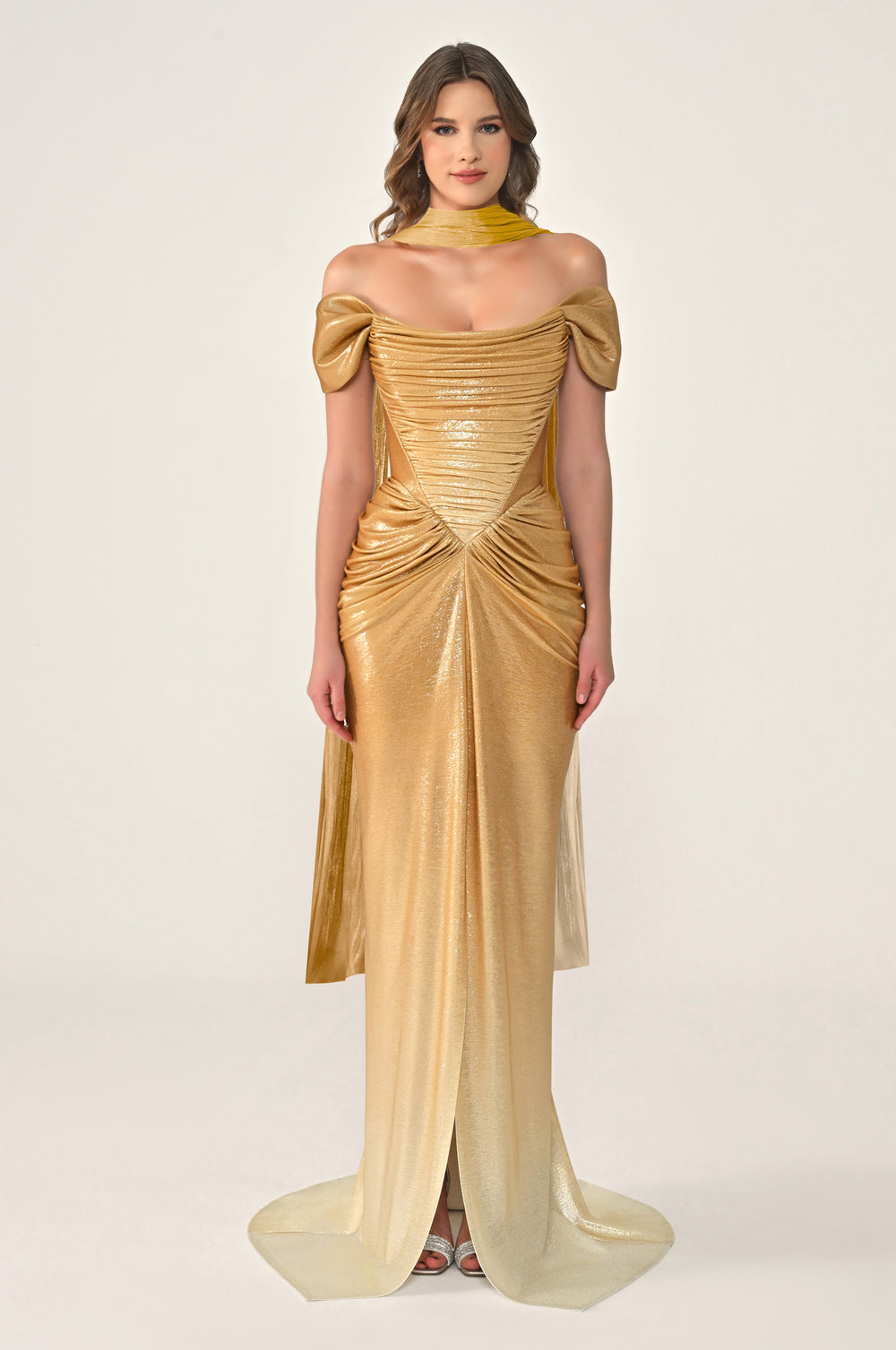 Long Dress with Dropped Shoulders, Draping, Front Slit, and Shiny Fabric