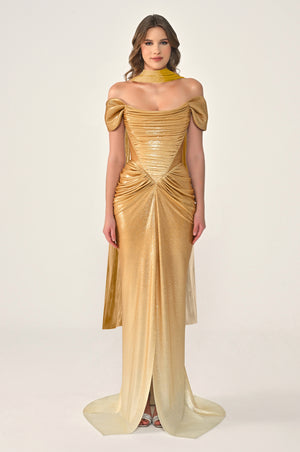 Long Dress with Dropped Shoulders, Draping, Front Slit, and Shiny Fabric