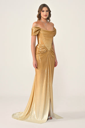 Long Dress with Dropped Shoulders, Draping, Front Slit, and Shiny Fabric