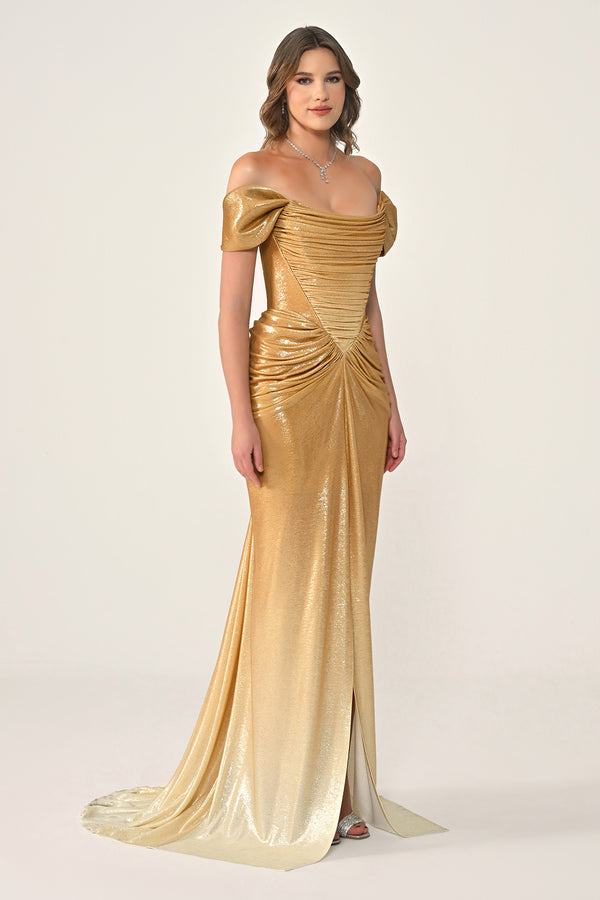 Long Dress with Dropped Shoulders, Draping, Front Slit, and Shiny Fabric