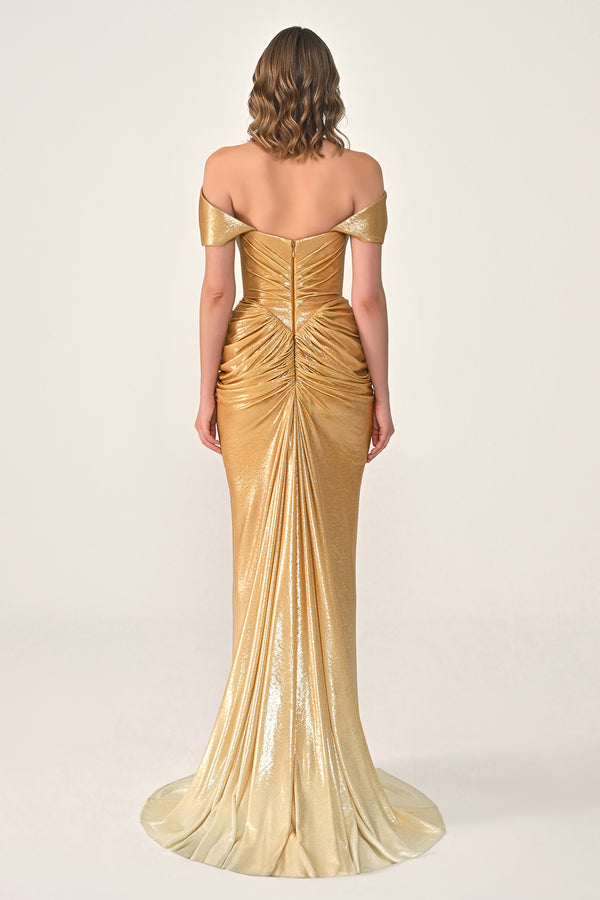 Long Dress with Dropped Shoulders, Draping, Front Slit, and Shiny Fabric