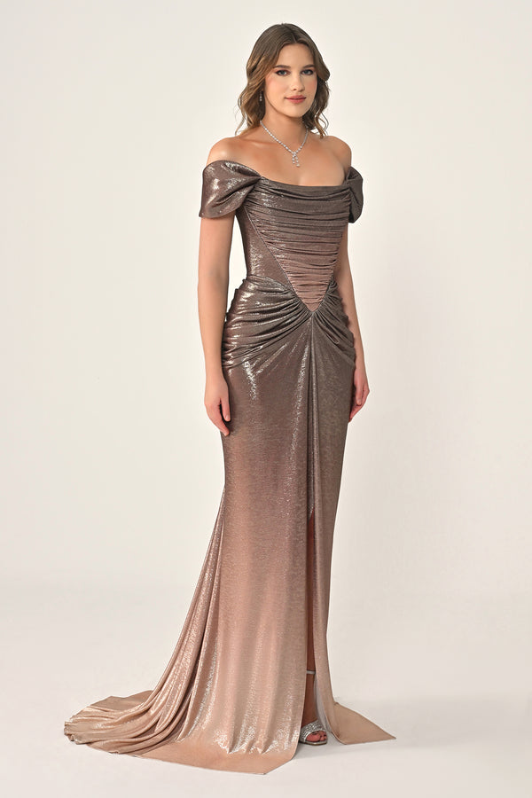 Long Dress with Dropped Shoulders, Draping, Front Slit, and Shiny Fabric