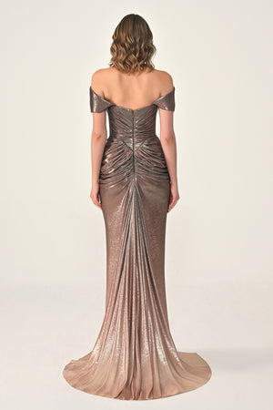 Long Dress with Dropped Shoulders, Draping, Front Slit, and Shiny Fabric
