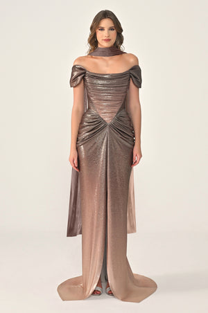 Long Dress with Dropped Shoulders, Draping, Front Slit, and Shiny Fabric