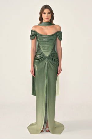 Long Dress with Dropped Shoulders, Draping, Front Slit, and Shiny Fabric