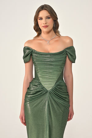 Long Dress with Dropped Shoulders, Draping, Front Slit, and Shiny Fabric
