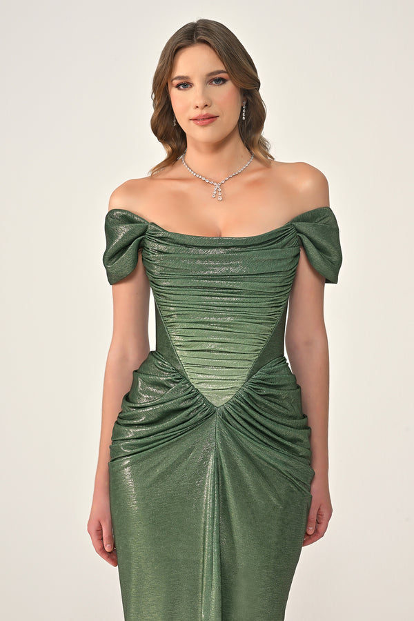 Long Dress with Dropped Shoulders, Draping, Front Slit, and Shiny Fabric