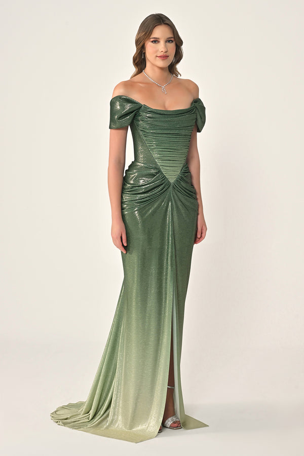 Long Dress with Dropped Shoulders, Draping, Front Slit, and Shiny Fabric