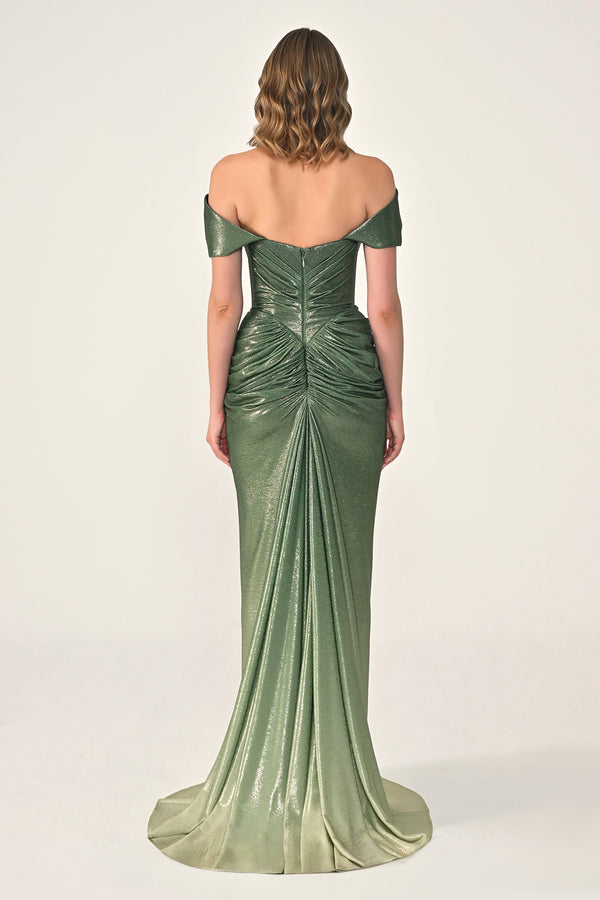 Long Dress with Dropped Shoulders, Draping, Front Slit, and Shiny Fabric