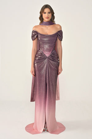 Long Dress with Dropped Shoulders, Draping, Front Slit, and Shiny Fabric
