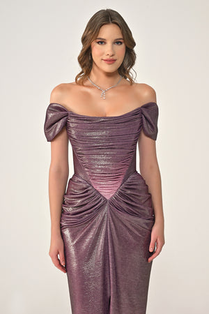 Long Dress with Dropped Shoulders, Draping, Front Slit, and Shiny Fabric